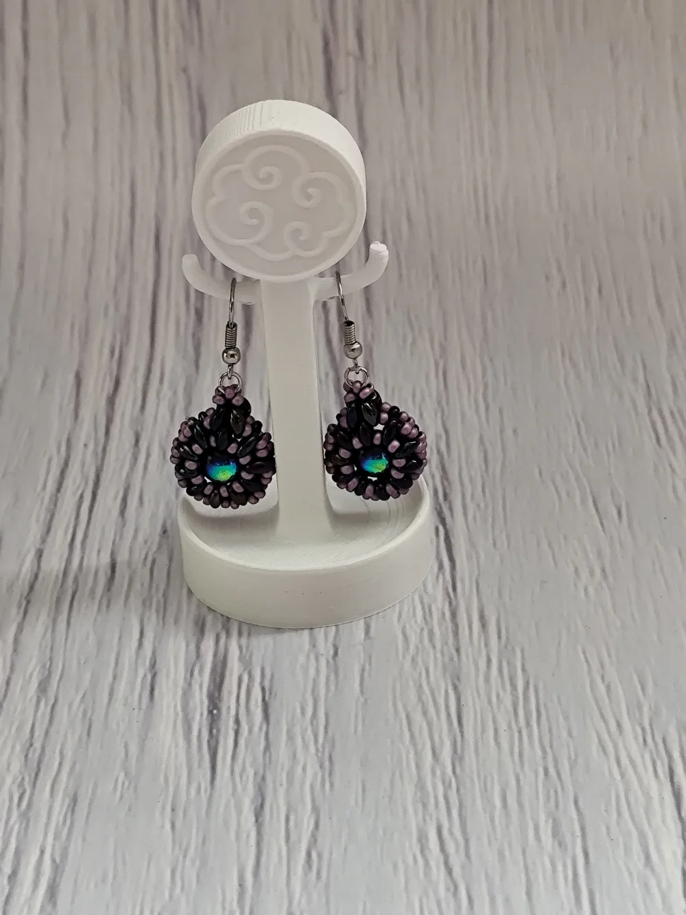 Handmade Purple Beaded Drop Earrings with Iridescent Center